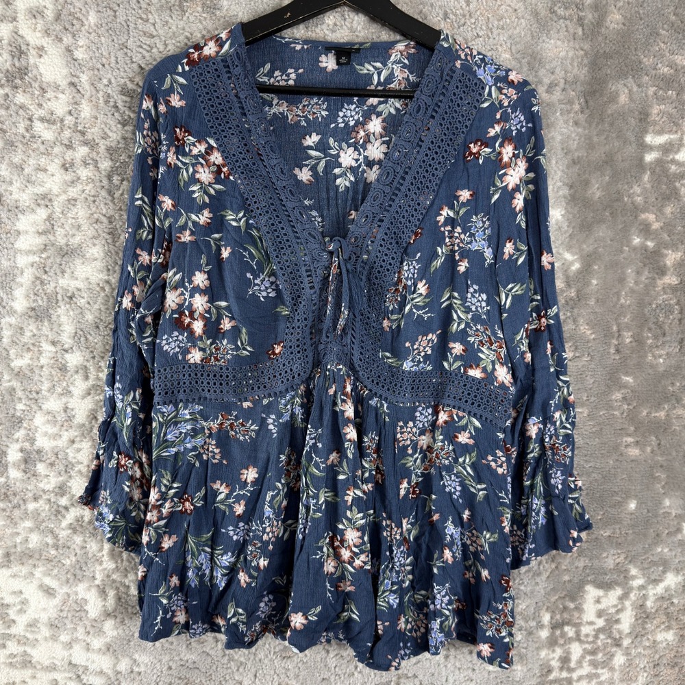 Torrid Plus Size 0 Floral Lace Trim Babydoll Boho Blouse Blue 3/4 Sleeve Women